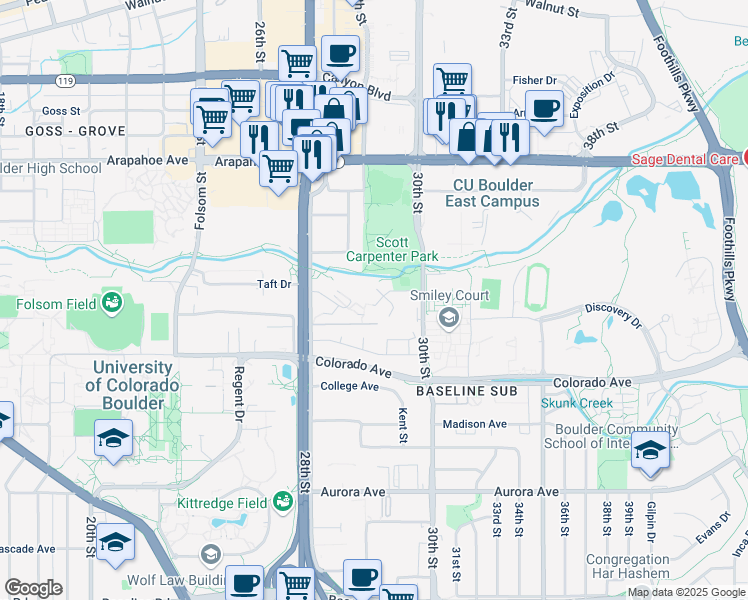 map of restaurants, bars, coffee shops, grocery stores, and more near 2902 Shadow Creek Drive in Boulder
