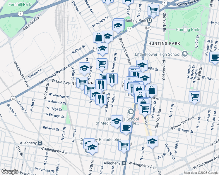 map of restaurants, bars, coffee shops, grocery stores, and more near 1609 West Erie Avenue in Philadelphia