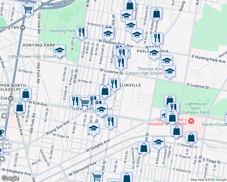 map of restaurants, bars, coffee shops, grocery stores, and more near 509 Rising Sun Avenue in Philadelphia