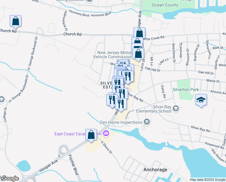 map of restaurants, bars, coffee shops, grocery stores, and more near 1806 Hooper Avenue in Toms River