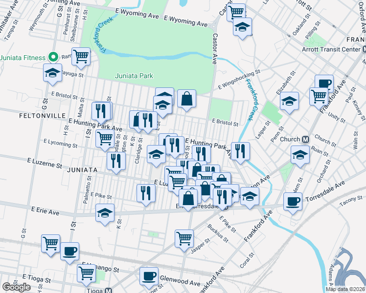 map of restaurants, bars, coffee shops, grocery stores, and more near 4124 M Street in Philadelphia