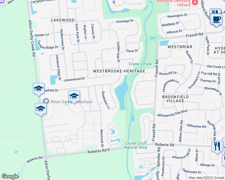 map of restaurants, bars, coffee shops, grocery stores, and more near 2800 Lake Hollow Road in Hilliard