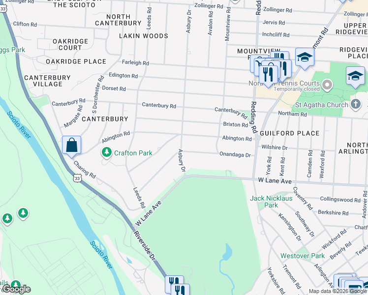 map of restaurants, bars, coffee shops, grocery stores, and more near 2431 Onandaga Drive in Columbus