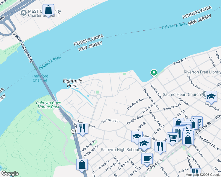 map of restaurants, bars, coffee shops, grocery stores, and more near 1101 Harbour Drive in Palmyra