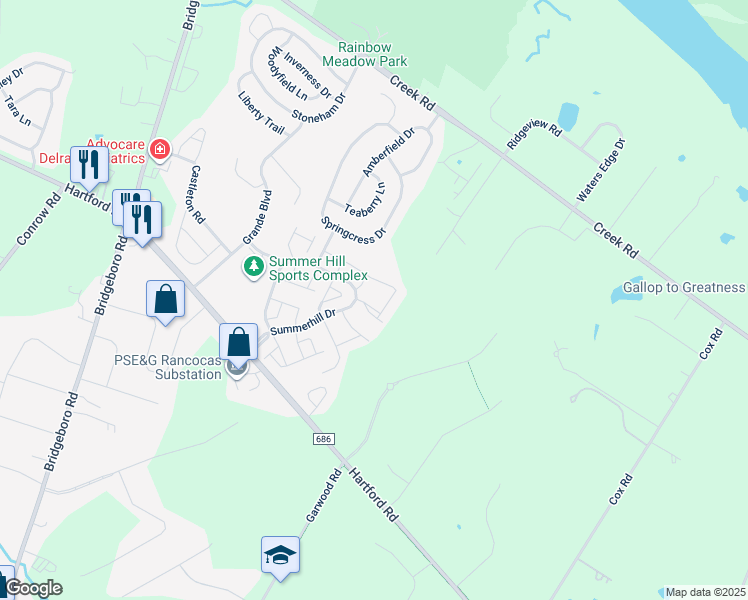 map of restaurants, bars, coffee shops, grocery stores, and more near 132 Rosebay Court in Delran