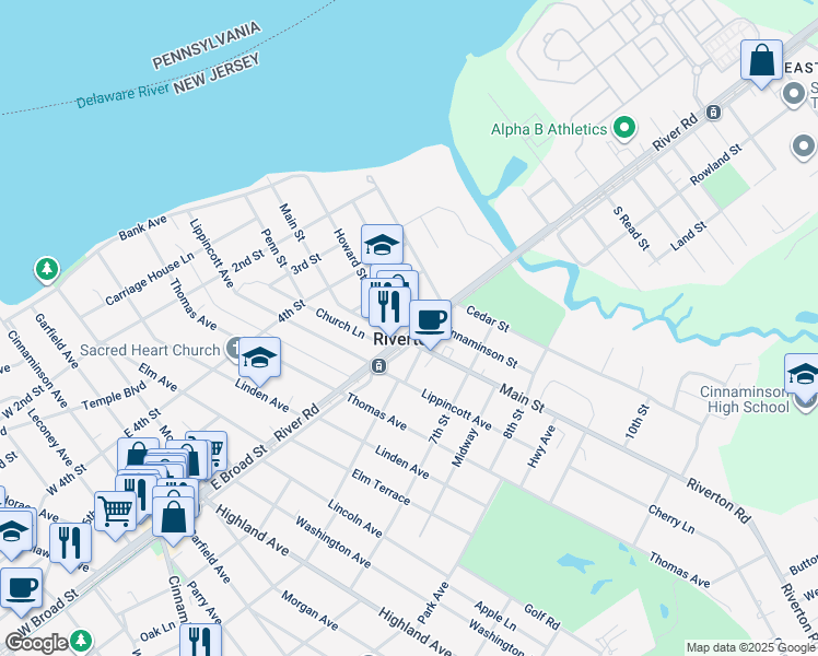 map of restaurants, bars, coffee shops, grocery stores, and more near 502 Broad Street in Riverton