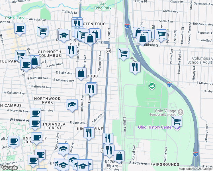 map of restaurants, bars, coffee shops, grocery stores, and more near North 4th Street & Wyandotte Avenue in Columbus