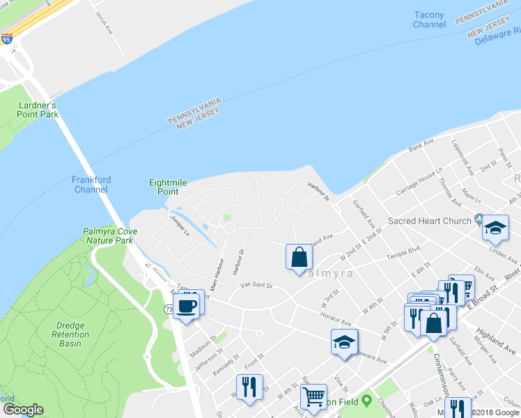 map of restaurants, bars, coffee shops, grocery stores, and more near 2071 Harbour Drive in Palmyra