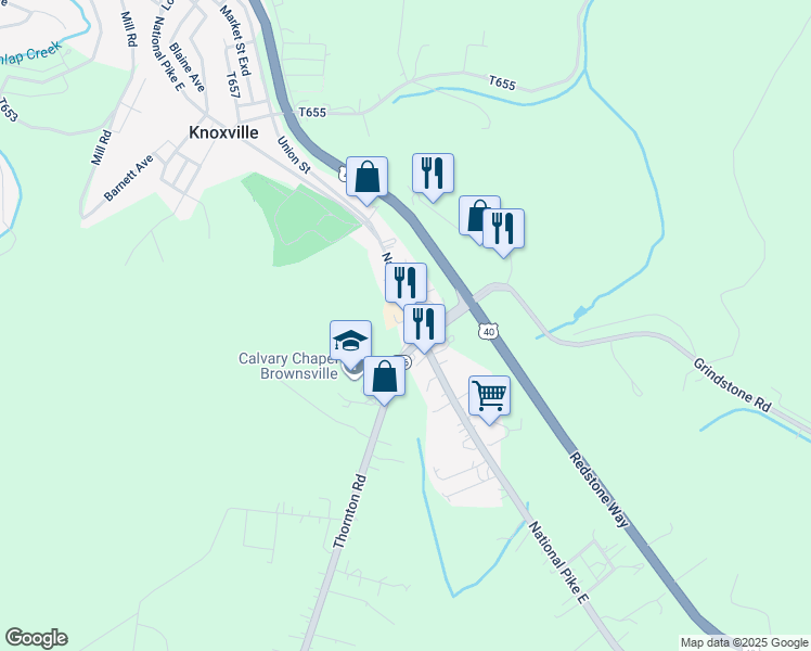 map of restaurants, bars, coffee shops, grocery stores, and more near 656 National Pike East in Brownsville