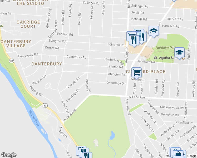 map of restaurants, bars, coffee shops, grocery stores, and more near 2380 Onandaga Drive in Columbus