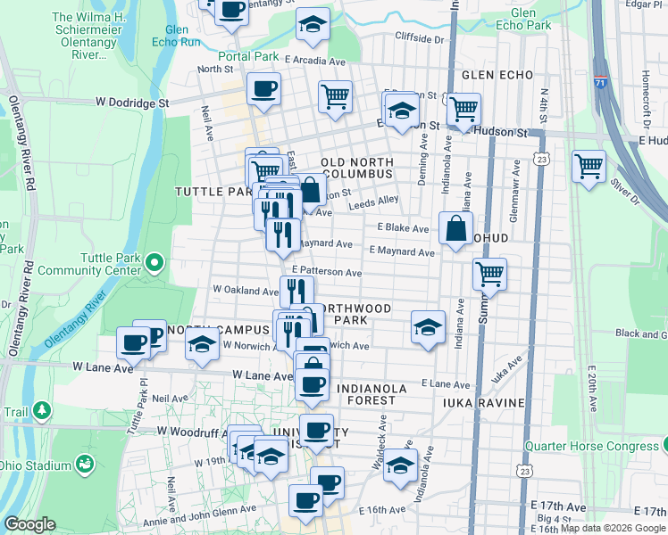 map of restaurants, bars, coffee shops, grocery stores, and more near 82 East Patterson Avenue in Columbus