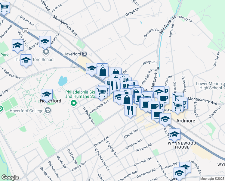 map of restaurants, bars, coffee shops, grocery stores, and more near 222 Lancaster Avenue in Ardmore