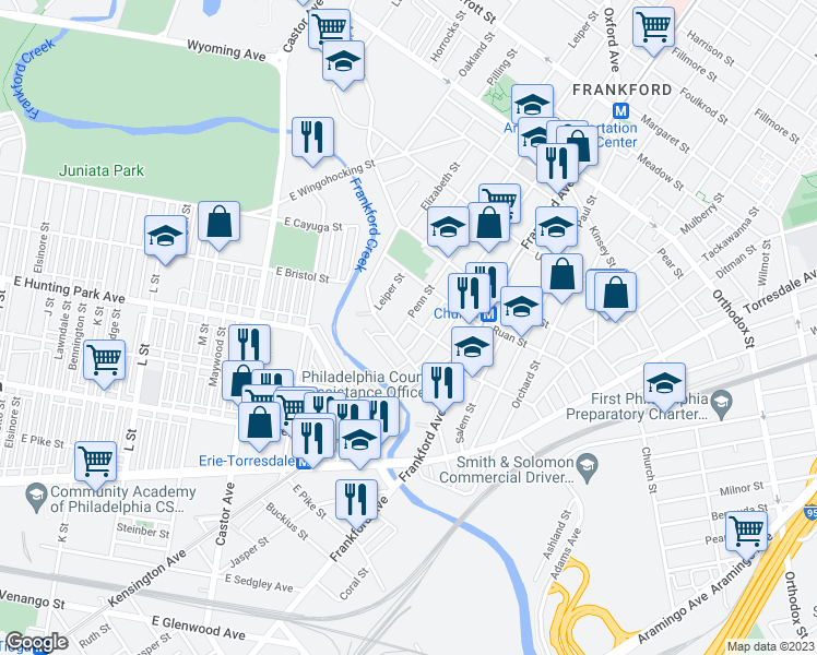 map of restaurants, bars, coffee shops, grocery stores, and more near 1502 Womrath Street in Philadelphia