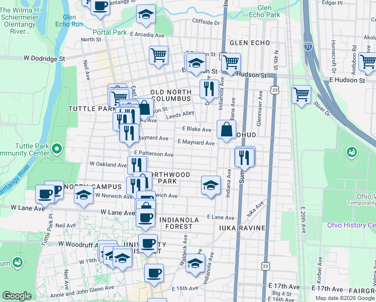map of restaurants, bars, coffee shops, grocery stores, and more near 161 East Patterson Avenue in Columbus