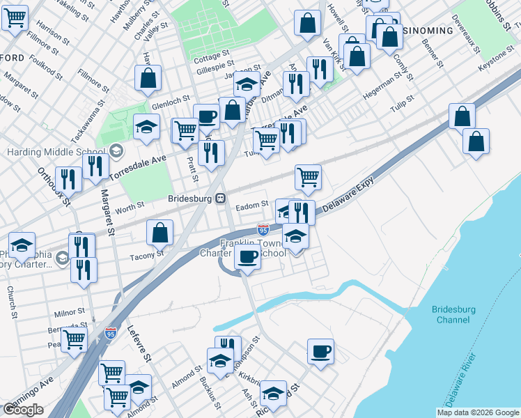 map of restaurants, bars, coffee shops, grocery stores, and more near 5342 James Street in Philadelphia