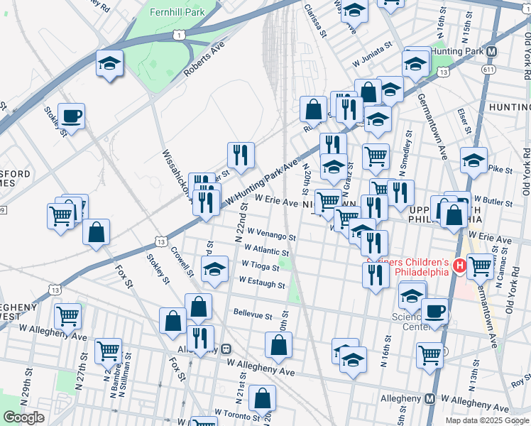 map of restaurants, bars, coffee shops, grocery stores, and more near 3640 North 21st Street in Philadelphia