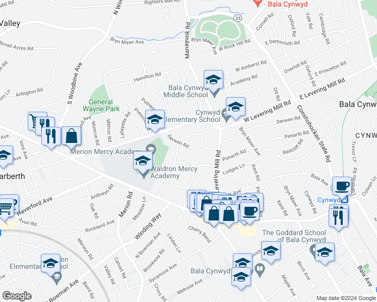 map of restaurants, bars, coffee shops, grocery stores, and more near 228 Derwen Road in Merion Station
