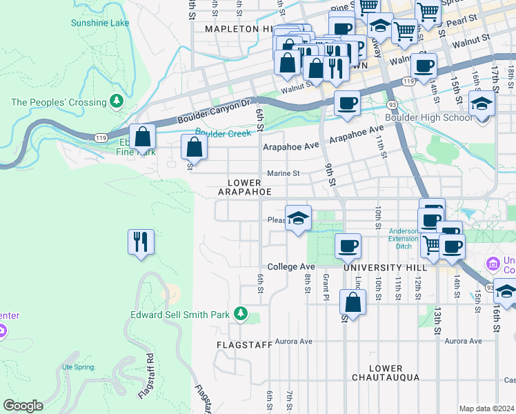 map of restaurants, bars, coffee shops, grocery stores, and more near 534 Pleasant Street in Boulder