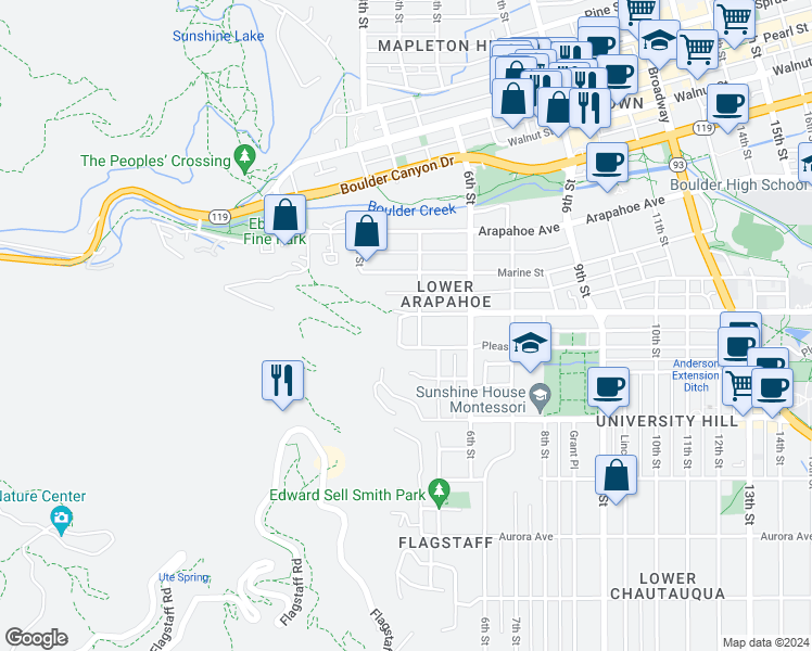 map of restaurants, bars, coffee shops, grocery stores, and more near 1305 5th Street in Boulder