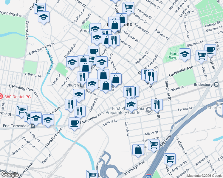 map of restaurants, bars, coffee shops, grocery stores, and more near 1818 Church Street in Philadelphia