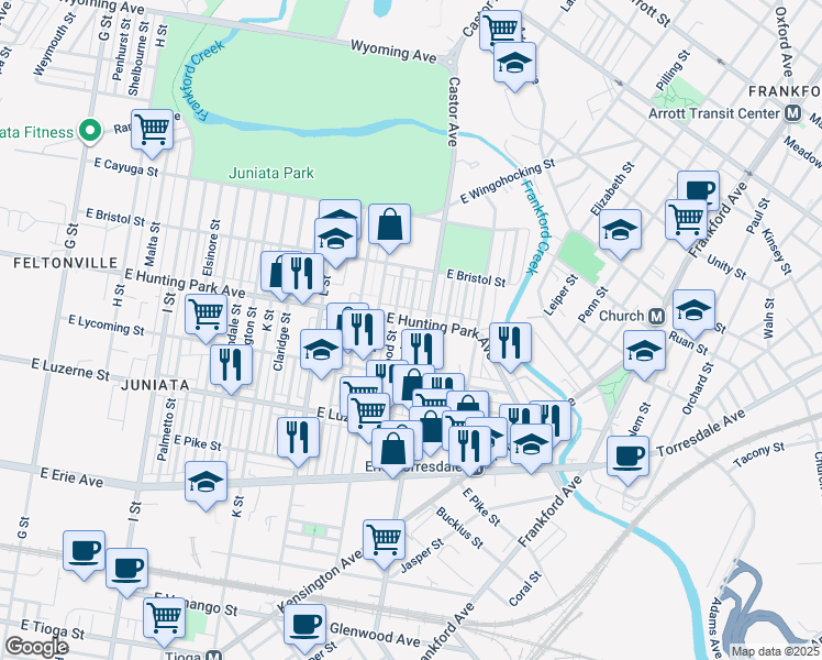 map of restaurants, bars, coffee shops, grocery stores, and more near 4132 Markland Street in Philadelphia
