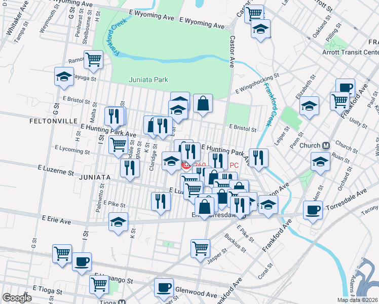 map of restaurants, bars, coffee shops, grocery stores, and more near 4124 M Street in Philadelphia