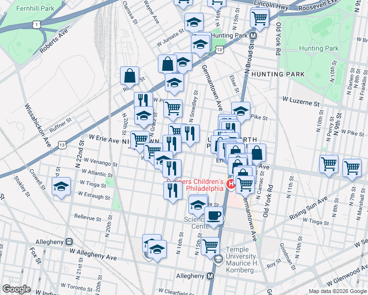 map of restaurants, bars, coffee shops, grocery stores, and more near in Philadelphia