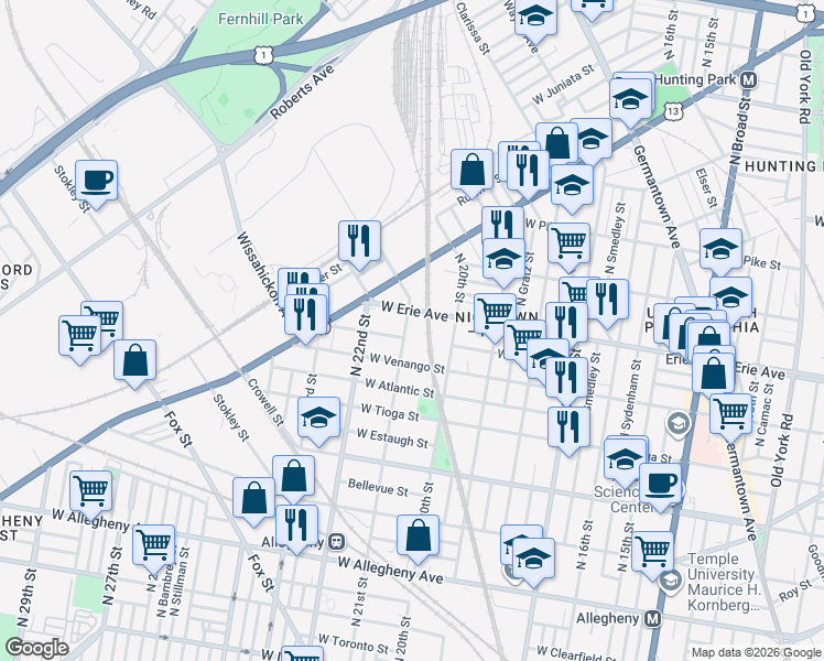 map of restaurants, bars, coffee shops, grocery stores, and more near 2023 West Venango Street in Philadelphia