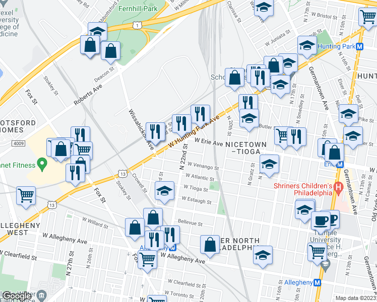 map of restaurants, bars, coffee shops, grocery stores, and more near 2126 West Pacific Street in Philadelphia