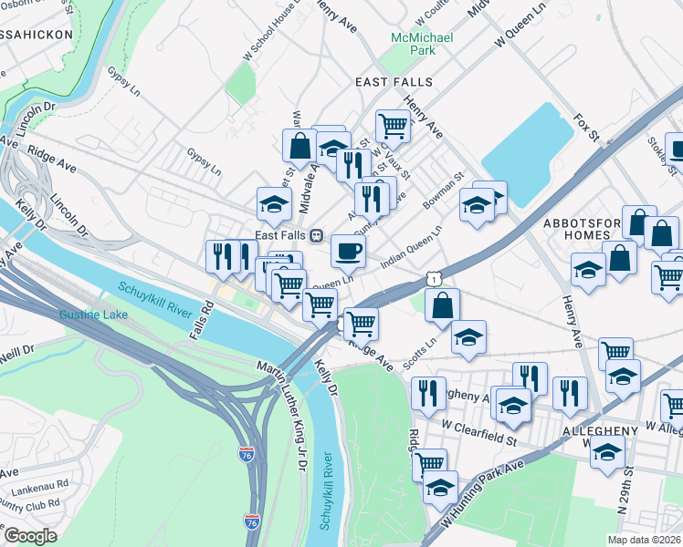 map of restaurants, bars, coffee shops, grocery stores, and more near 3601 Haywood Street in Philadelphia