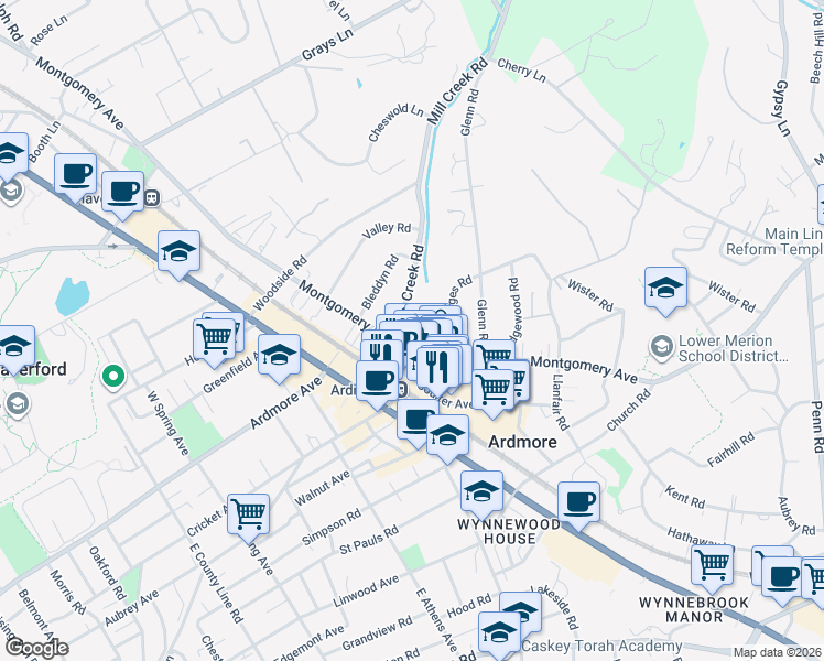 map of restaurants, bars, coffee shops, grocery stores, and more near 1 Montgomery Avenue in Ardmore