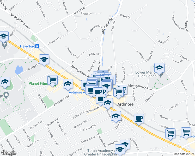 map of restaurants, bars, coffee shops, grocery stores, and more near 1 Montgomery Avenue in Ardmore