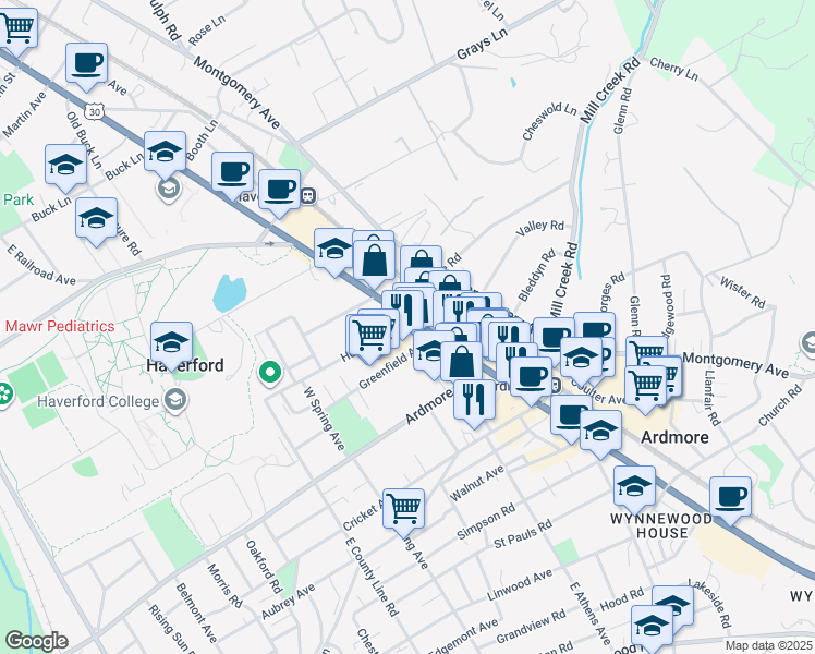 map of restaurants, bars, coffee shops, grocery stores, and more near 8 Greenfield Avenue in Ardmore