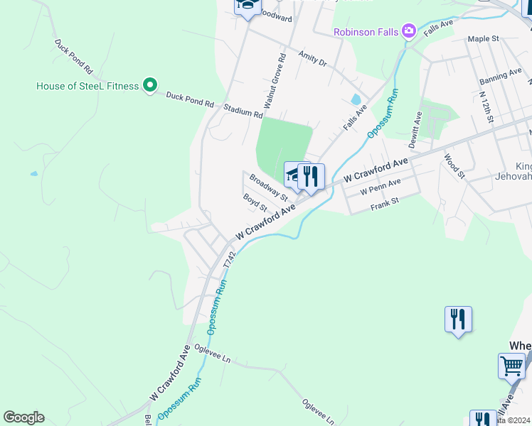 map of restaurants, bars, coffee shops, grocery stores, and more near 2108 West Crawford Avenue in Connellsville