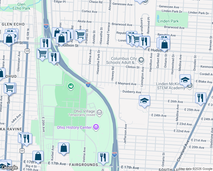 map of restaurants, bars, coffee shops, grocery stores, and more near 2170 Howey Road in Columbus