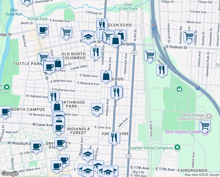 map of restaurants, bars, coffee shops, grocery stores, and more near 2253 Summit Street in Columbus