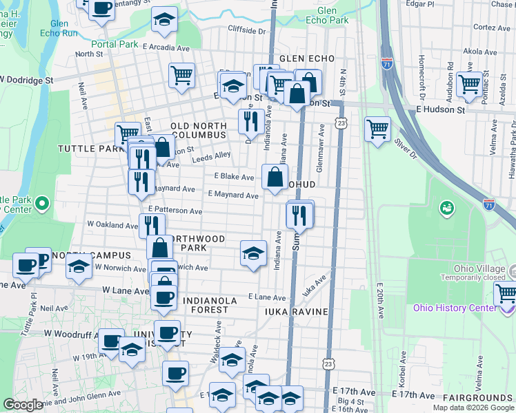 map of restaurants, bars, coffee shops, grocery stores, and more near in Columbus