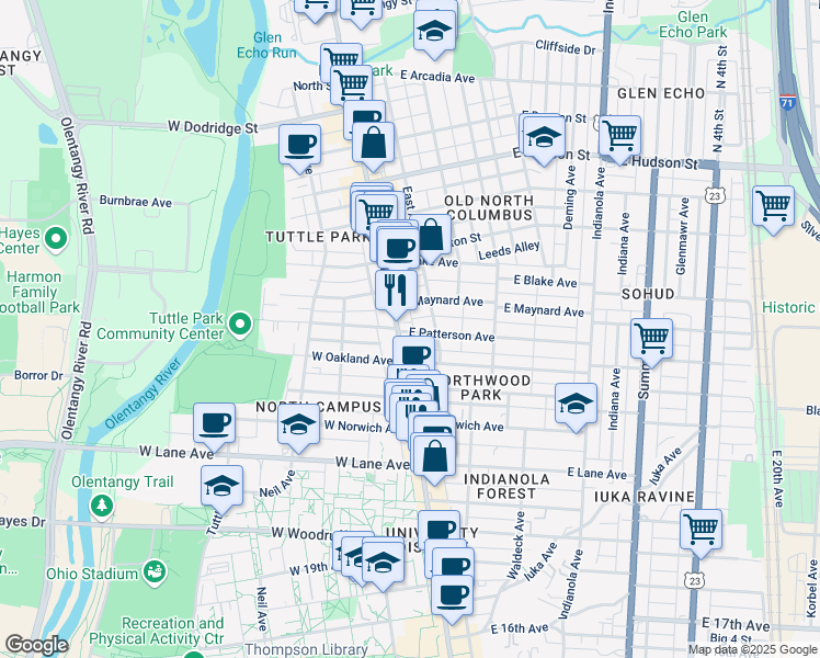 map of restaurants, bars, coffee shops, grocery stores, and more near in Columbus