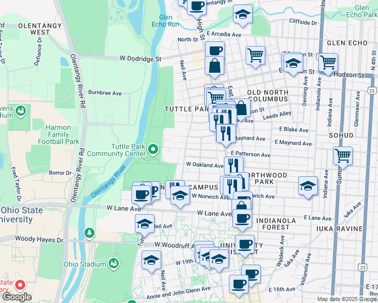map of restaurants, bars, coffee shops, grocery stores, and more near 112 West Oakland Avenue in Columbus