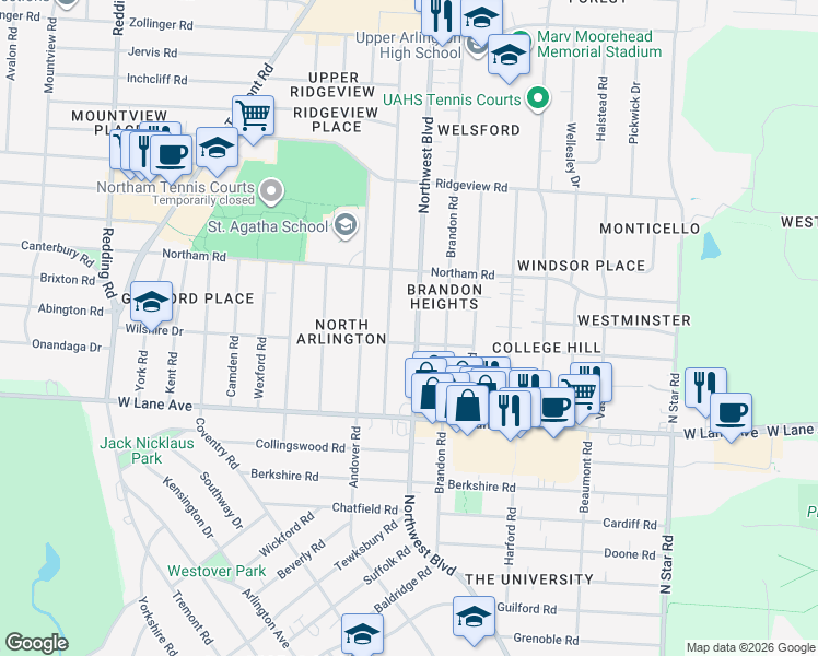 map of restaurants, bars, coffee shops, grocery stores, and more near in Upper Arlington