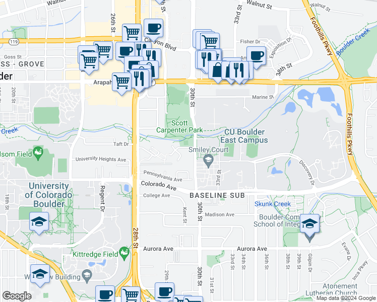 map of restaurants, bars, coffee shops, grocery stores, and more near 2990 Shadow Creek Drive in Boulder