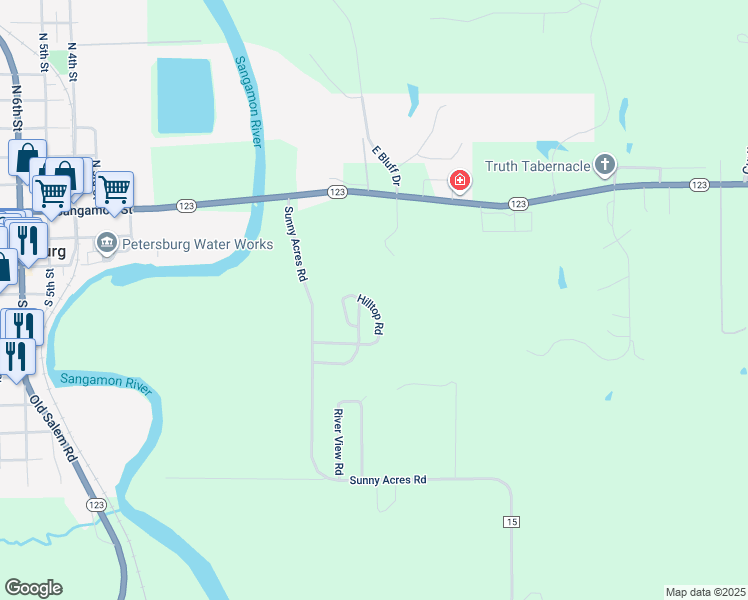 map of restaurants, bars, coffee shops, grocery stores, and more near Hilltop Road in Petersburg