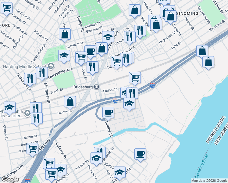 map of restaurants, bars, coffee shops, grocery stores, and more near 2240 Brill Street in Philadelphia