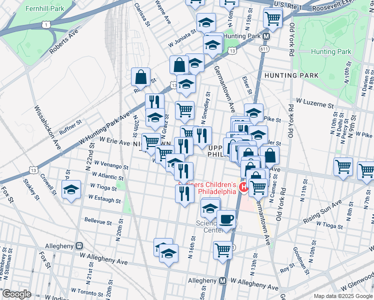 map of restaurants, bars, coffee shops, grocery stores, and more near 1705 West Erie Avenue in Philadelphia