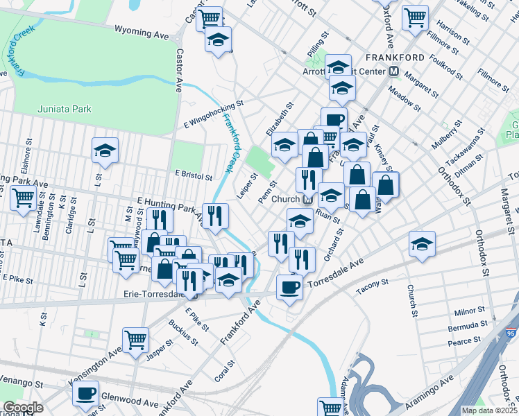 map of restaurants, bars, coffee shops, grocery stores, and more near 1502 Womrath Street in Philadelphia