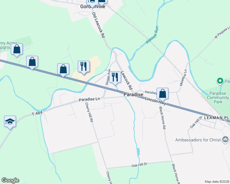 map of restaurants, bars, coffee shops, grocery stores, and more near 3098 Lincoln Highway East in Paradise