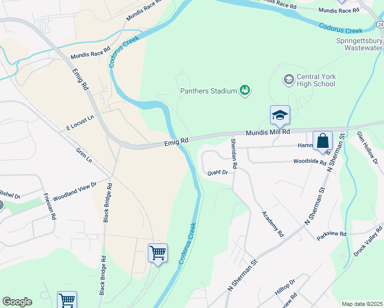map of restaurants, bars, coffee shops, grocery stores, and more near 422 Grant Drive in York