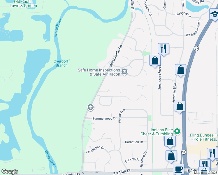 map of restaurants, bars, coffee shops, grocery stores, and more near 116 Ashbourne Drive in Noblesville