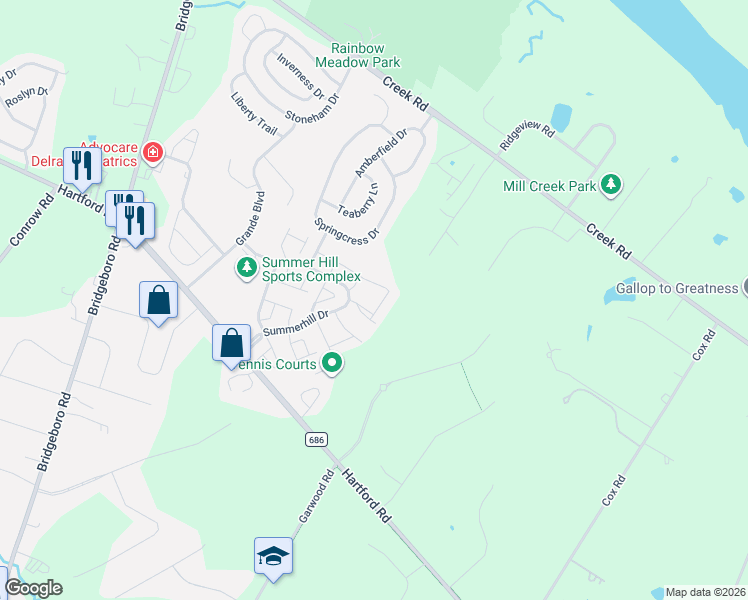 map of restaurants, bars, coffee shops, grocery stores, and more near 255 Rosebay Court in Delran