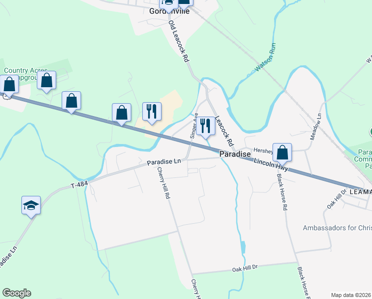 map of restaurants, bars, coffee shops, grocery stores, and more near 11 South Singer Avenue in Paradise
